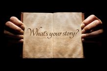 What's your story? hands holding an open book background message