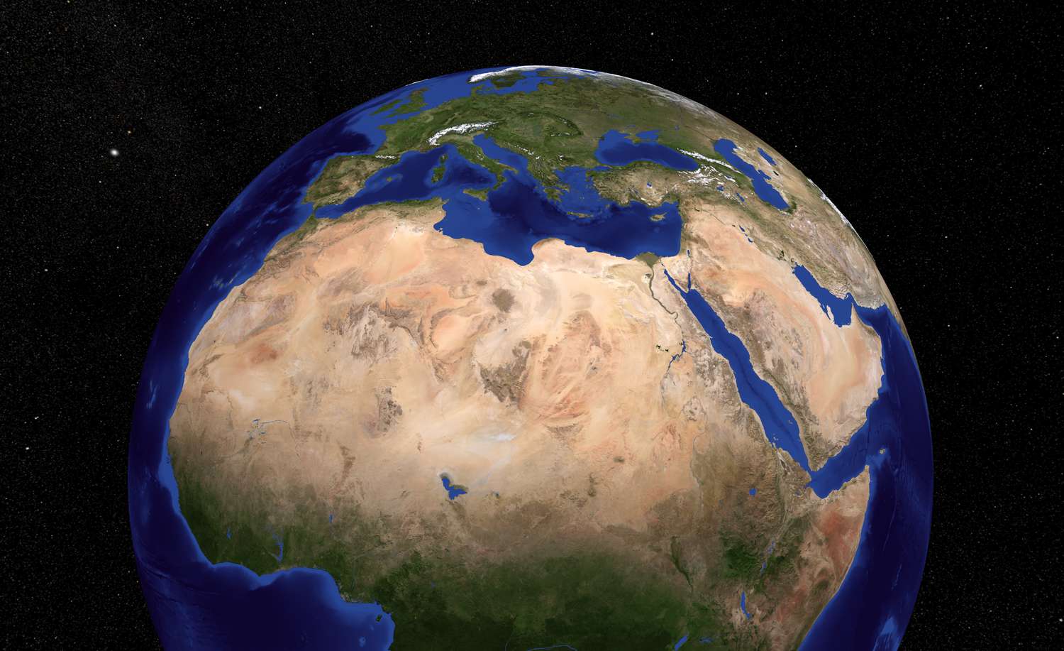 3D rendering of the Sahara Desert from space.