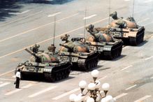 The iconic "Tank Man" photo from the Tiananmen Square Massacre. Beijing, China (1989).