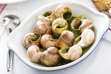 Escargots in butter in a white dish