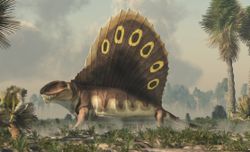 graphic rendering of dimetrodon in wetlands