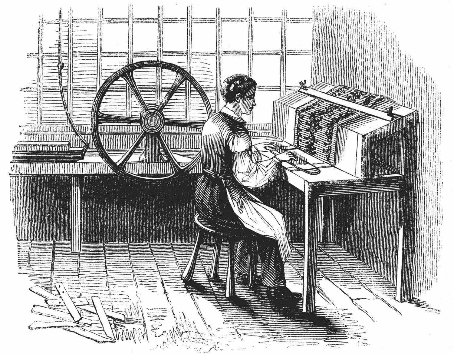 Man operating machine punching cards for Jacquard looms, 1844.