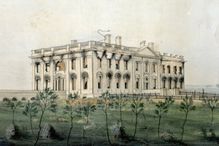 Painting of large white rectangular mansion with burned out windows but largely with an in tact exterior