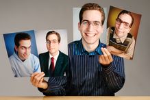 Man Holding Different Photographs of Himself