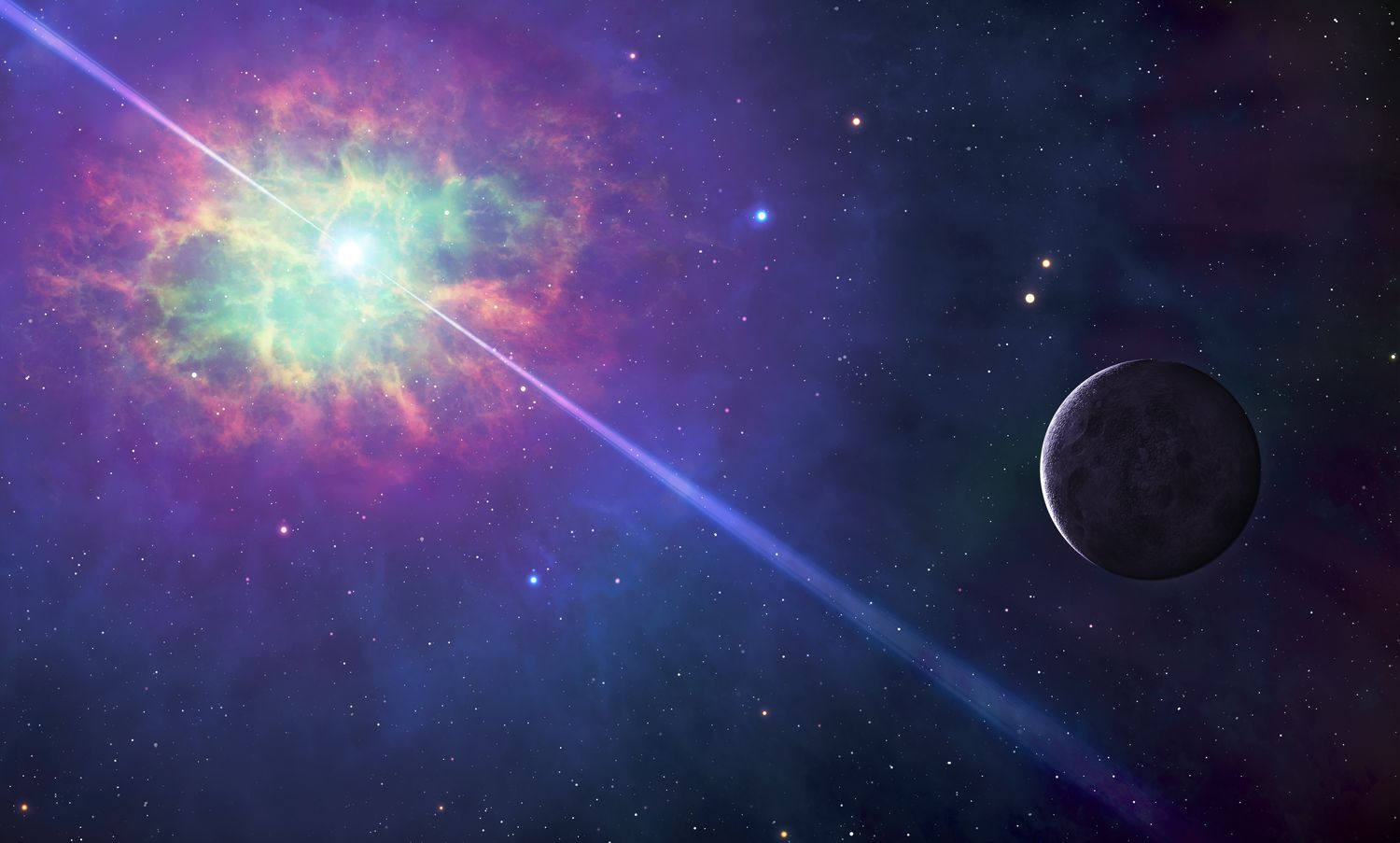 Image of space, with a colorful cloud surrounding a star that projects beams of light in two directions, with a planet illuminated nearby.