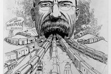 Political Cartoon of a Robber Baron, Edward H. Harriman, with the railroads of America all heading toward his mouth. The caption reads 'Design for a Union Station.'