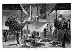 Old engraved illustration of Manufacture of Steel by Bessemer's Process.