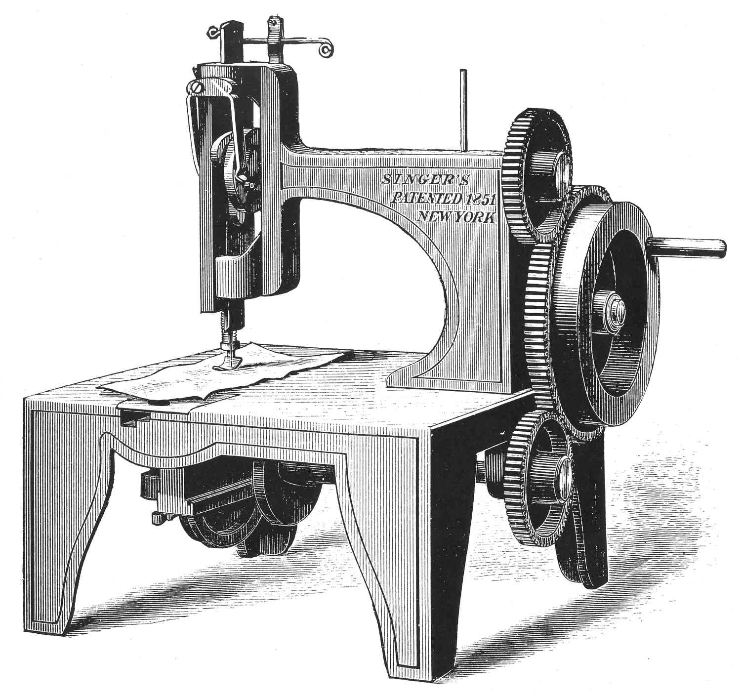 Isaac Merrit Singer's first sewing machine, patented in 1851 (1880).