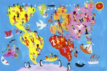 Illustrated world map of people having fun