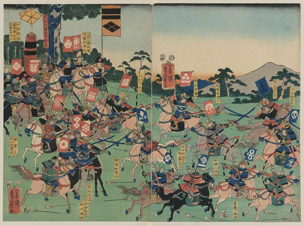 Samurai armies clash at the Battle of Kawanakajima. Print by Utagawa Yoshikazu, 1857