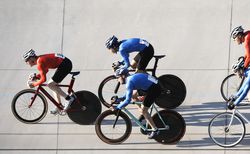 Five bicyclists compete in a race.