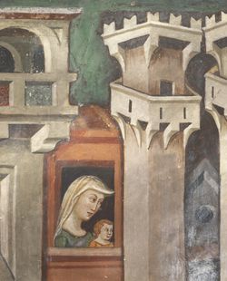 Figure of woman at window, detail from Ascent to Calvary, 14th century fresco from Master Trecentesco of Sacro Speco School, Upper Church of Sacro Speco Monastery, Subiaco, Italy, 14th century