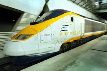 A picture of a Eurostar train that runs through the Channel Tunnel.