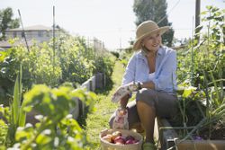 Woman resting in vegetable garden.