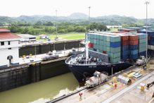 Cargo containers in a container ship at a commercial dock, Panama Canal, Panama