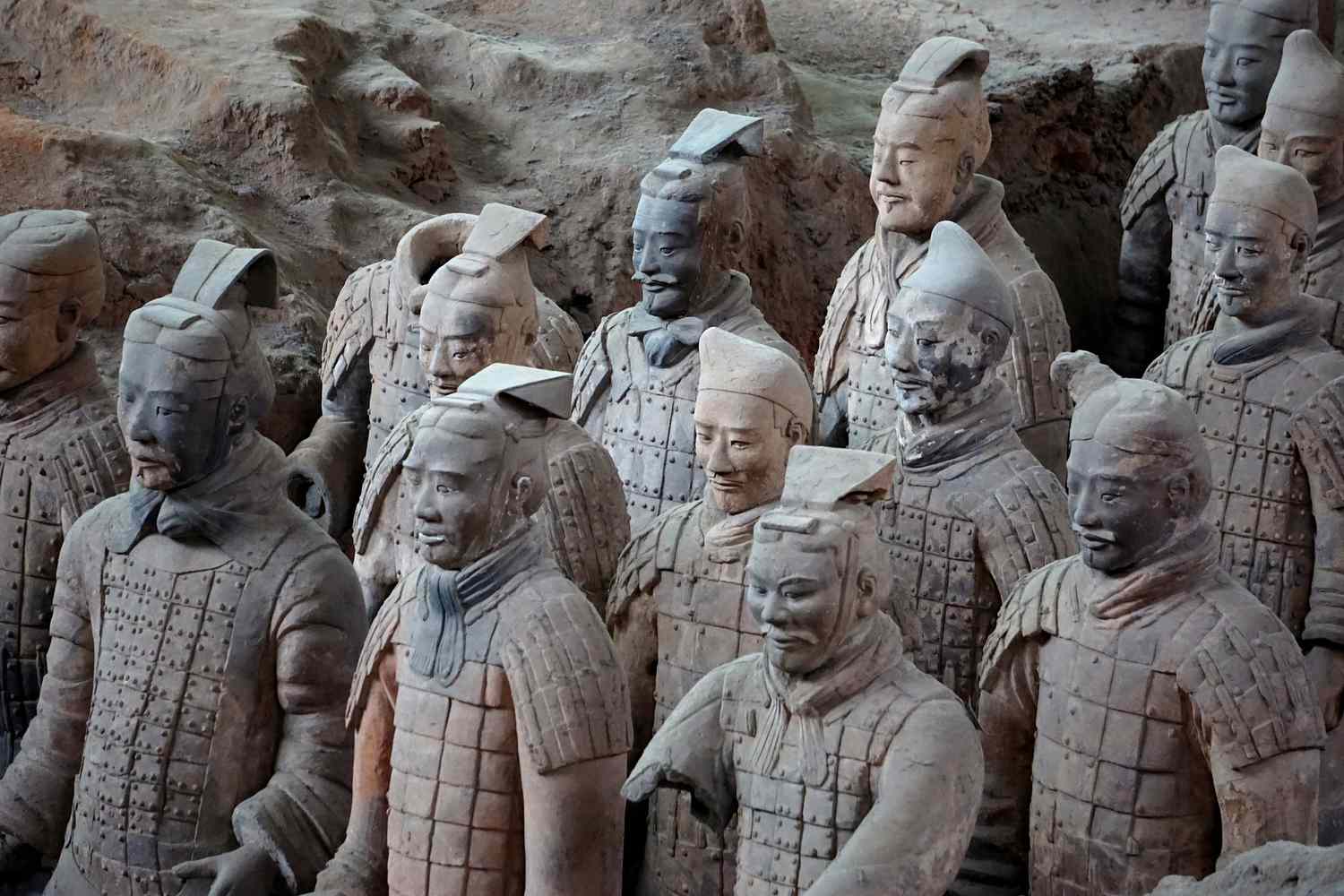 Close up view of terracotta soldiers with different faces.