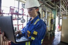 Female worker wearing hard hat