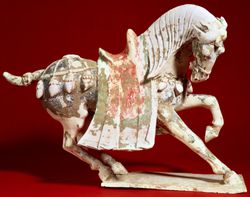 Horse in parade, terracotta statue, China, Chinese Civilisation, Tang Dynasty, 6th-9th century