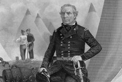 Engraved portrait of Zachary Taylor in military uniform.