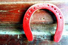 Close up of Red Horseshoe on Wooden Wall