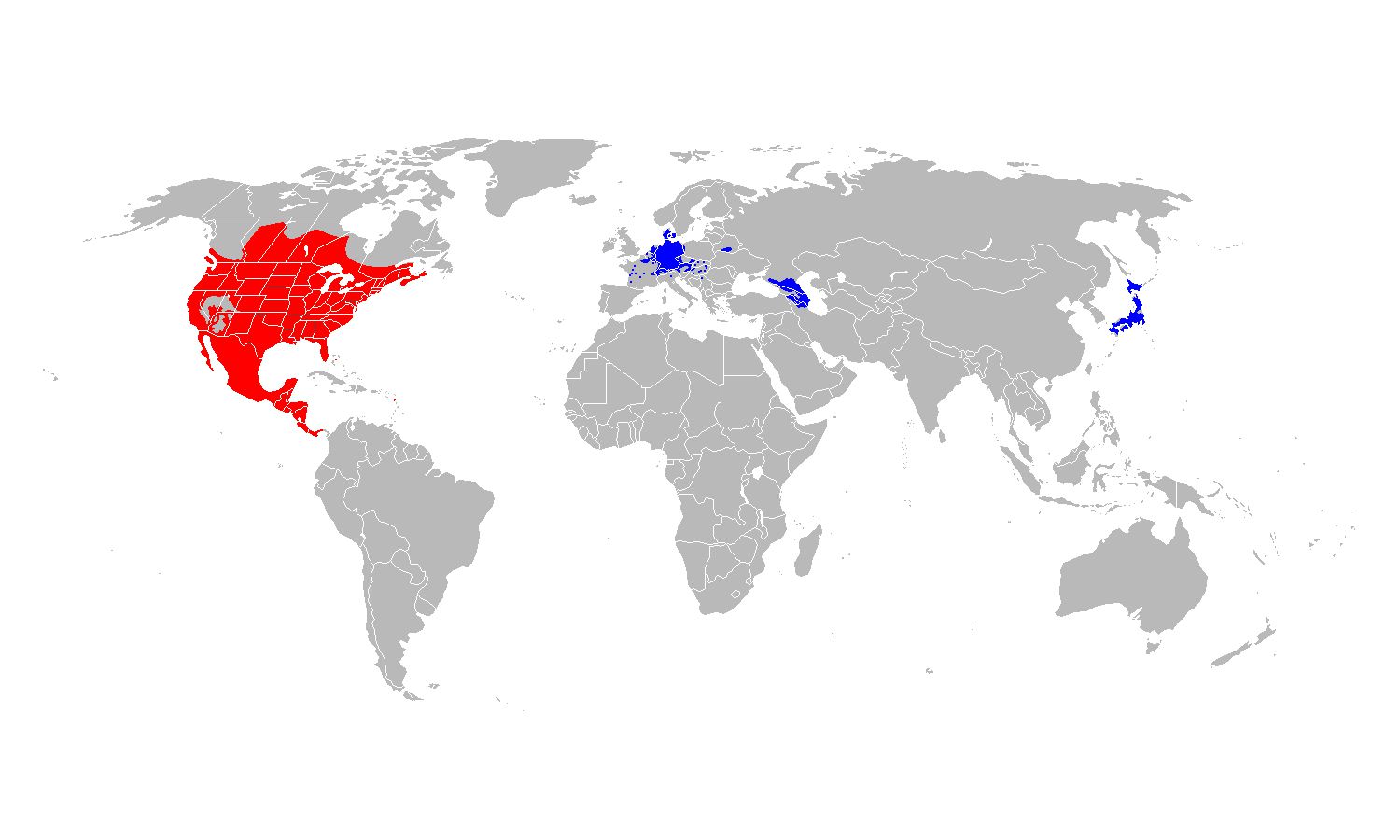 Raccoon natural range (red) and introduced range (blue).