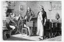 Felix Mendelssohn (1809- 1847) playing the piano for the writer Johann Wolfgang von Goethe, engraving