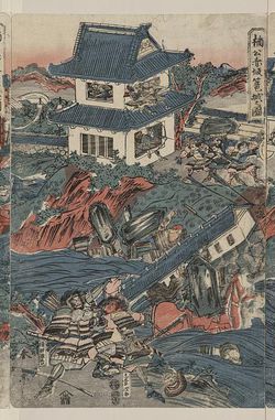 In this 1809 print, 14th century samurai fight in Japan.