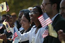 Immigrants Become US Citizens During Naturalization Ceremony At Liberty State Park