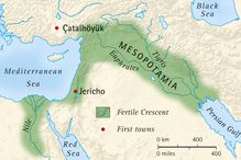 Digital illustration of the fertile crescent of Mesopotamia and Egypt and location of first towns