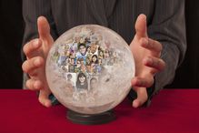 Collage of business people's faces in crystal ball