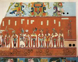 Frescoes in Bonampak, Chiapas (Mexico). Detail showing a scene of a feast. (reconstruction)