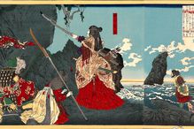 Illustration of Empress Jingu leading the invasion of Korea holding sword