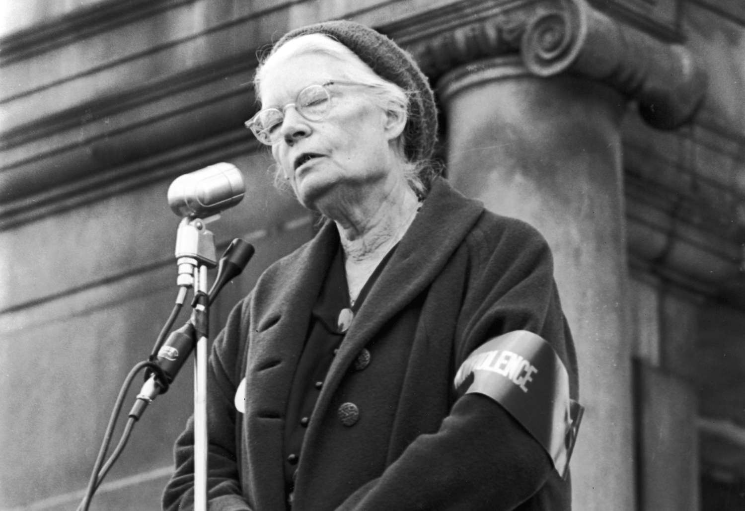 Photograph of Dorothy Day an an antiwar rally.