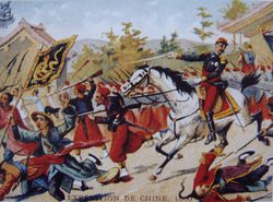 Painting from Le Figaro of French commander Cousin-Montauban leading a charge during the Second Opium War in China, 1860.