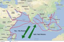 The web of trade across the Indian Ocean, driven by the monsoon winds.