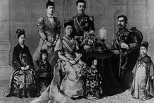 The Meiji Emperor and his family, circa 1880, featuring adults in western-style clothes