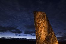 North-central Mongolian stone engravings, potentially more than three thousand years old. Grave markers or signs from ancient civilization.