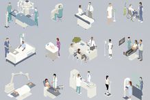 Illustrated series of various medical interactions and procedures