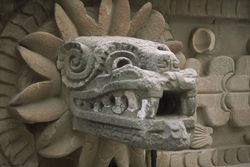 Mexico, Teotihuacan, Temple of Quetzalcoatl at Teotihuacan. Detail of carved head of plumed serpent.