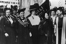 National Union of Women&#39;s Suffrage march, 1908: Lady Frances Balfour, Millicent Fawcett, Ethel Snowden, Emily Davies, Sophie Bryant