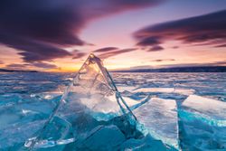 Sunset on the ice of Lake Baikal, Siberia