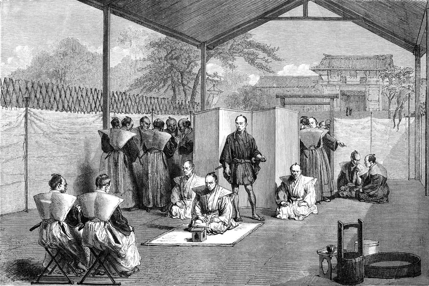 Illustration of samurai preparing for public ritual seppuku