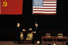 US President Reagan and Soviet president Gorbachev shake hands