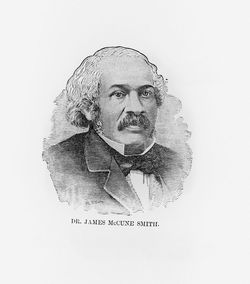 Engraving head and shoulders portrait of Dr. James McCune Smith abolitionist and emancipator circa 1860.