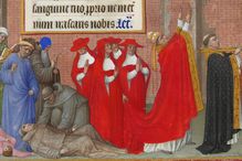 Illustration of penitents fall victim to the plague during a processional led by Pope Gregory I. From Folio 72 of Les Très Riches Heures du Duc de Berry