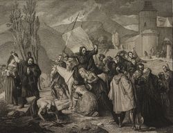 Peter Hermit preached on crusade, engraving from painting by Francesco Hayez, from Exhibition of Fine Arts in Brera, 1830