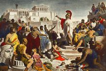 Depiction of Pericles giving a speech in ancient Greece.