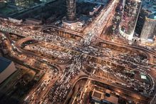 Aerial View of Traffic Jam in Beijing at Night