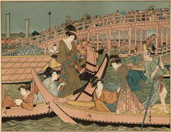 This ukiyo-e print of a boating party in Edo is from 1875.