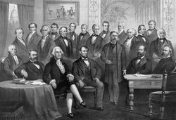 Vintage print of the first twenty-one Presidents seated together in The White House.